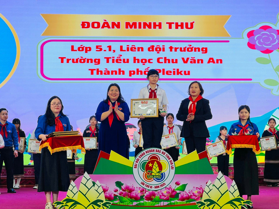 Em Đoàn Minh Thư (ở giữa) là 1 trong 7 đại biểu của tỉnh vinh dự tham gia Đại hội Cháu ngoan Bác Hồ toàn quốc. Ảnh: M.N 1in3k9mep-3vg4qu.jpg