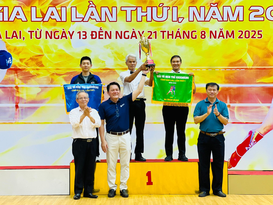 Ban tổ chức trao giải toàn đoàn cho các võ đường có thành tích xuất sắc tại giải. Ảnh: M.N e8a37b29a64bb5ba02f7dfef574a686f.jpg