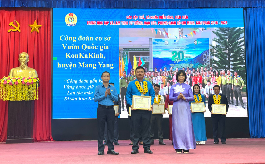 Phó Chủ tịch UBND tỉnh Nguyễn Thị Thanh Lịch và Chủ tịch Liên đoàn Lao động tỉnh Nguyễn Hoàng Phong trao tặng bằng khen cho các tập thể có thành tích xuất sắc giai đoạn 2016-2025 tại hội nghị. Ảnh: Lam Nguyên 5b761b261806ad58f417.jpg