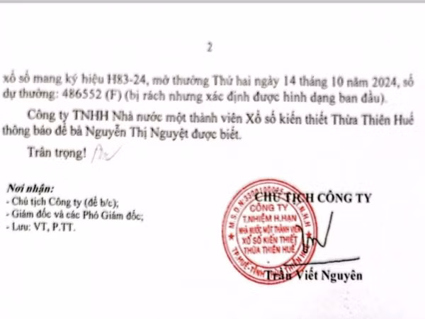 Văn bản của Công ty XSKT tỉnh Thừa Thiên Huế.