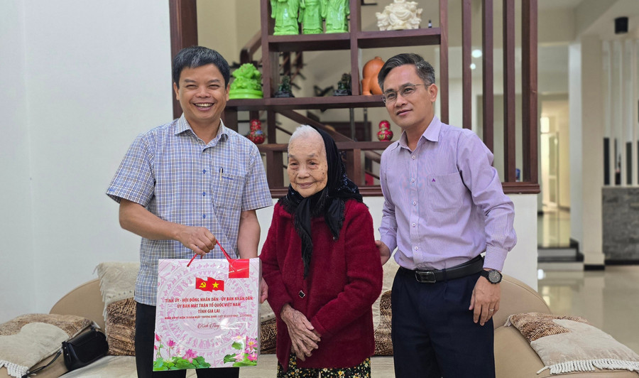 Phó Chủ tịch UBND tỉnh Nguyễn Hữu Quế (bìa trái) tặng quà cho Bà mẹ Việt Nam Anh hùng Lê Thị Thọ (ở phường Pleiku). Ảnh: Bá Bính anh-1.jpg