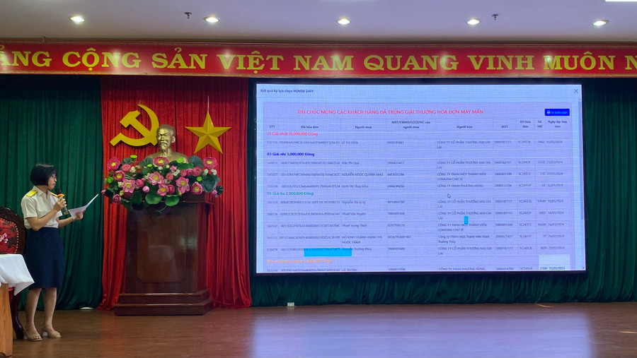 Hội đồng giám sát chương trình &quot;Hóa đơn may mắn&quot; công bố kết quả lựa chọn 15 hóa đơn may mắn trúng thưởng trong kỳ quay thưởng quý I-2024. Ảnh: Sơn Ca