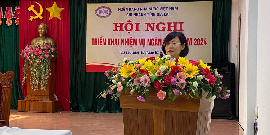 Bà Đỗ Thị Việt Hằng-Giám đốc Vietcombank-Chi nhánh Gia Lai phát biểu tại hội nghị về kết quả hoạt động nổi bật của Chi nhánh trong năm 2023. Ảnh: Sơn Ca Bà Đỗ Thị Việt Hằng-Giám đốc Vietcombank-Chi nhánh Gia Lai phát biểu tại hội nghị về kết quả hoạt động nổi bật của Chi nhánh trong năm 2023. Ảnh: Sơn Ca