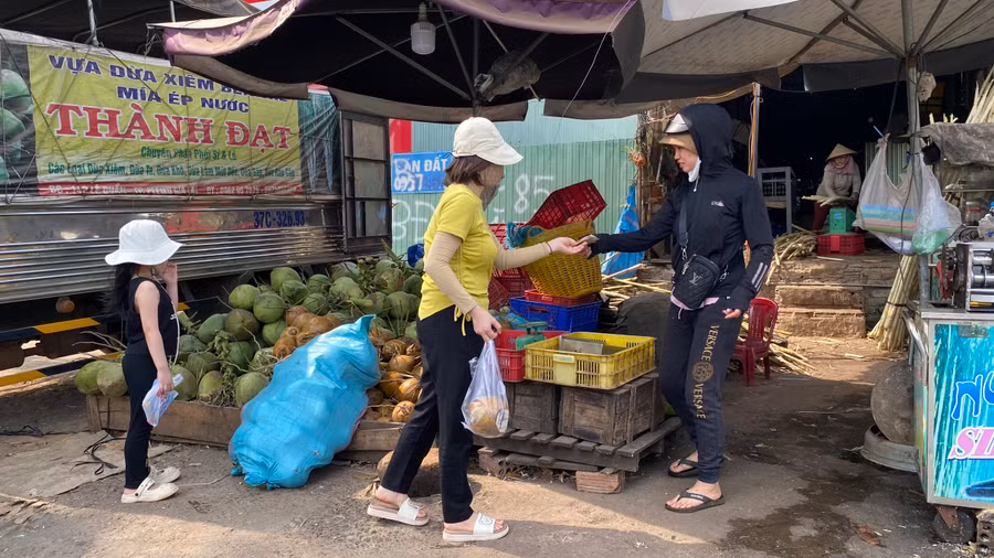 Thời tiết nắng nóng gay gắt kéo dài, nhu cầu và sức mua các loại trái cây giải nhiệt như dừa xiêm tăng mạnh. Ảnh: Sơn Ca