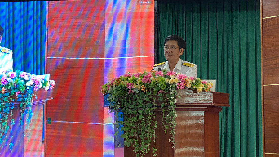 Ông Lê Minh Nhựt-Cục trưởng Cục Thuế tỉnh Gia Lai phát biểu khai mạc hội nghị đối thoại với doanh nghiệp về chính sách thuế. Ảnh: Sơn Ca