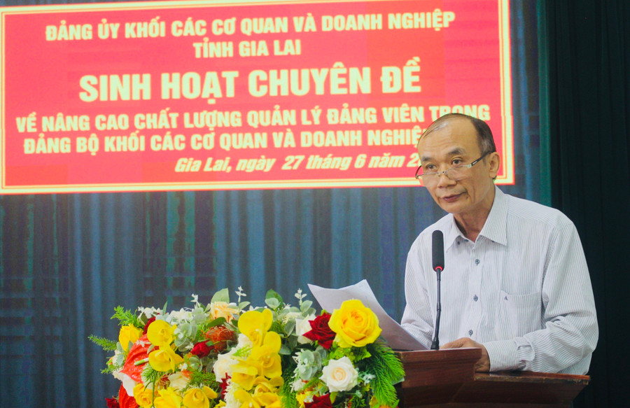 Bí thư Đảng ủy Khối Huỳnh Minh Thuận phát biểu chỉ đạo tại buổi sinh hoạt chuyên đề về nâng cao chất lượng quản lý đảng viên. Ảnh: P.L