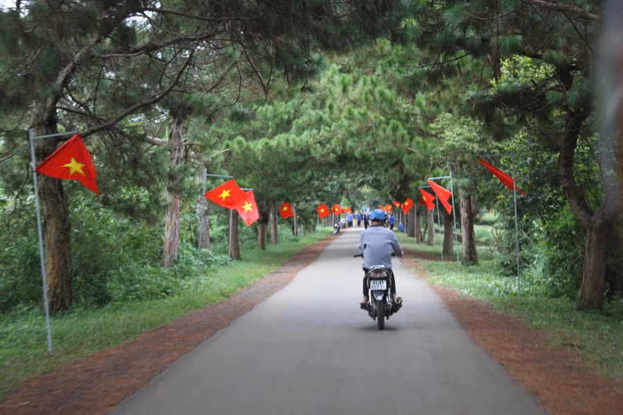 "Đường cờ Tổ quốc" góp phần tạo điểm nhấn, thu hút khách du lịch đến với khu vực hàng thông trăm tuổi. Ảnh: H.Y "Đường cờ Tổ quốc" góp phần tạo điểm nhấn, thu hút khách du lịch đến với khu vực hàng thông trăm tuổi. Ảnh: H.Y