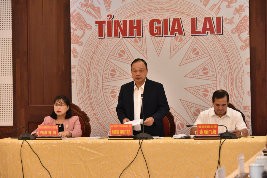 Các đồng chí: Dương Mah Tiệp (ở giữa)-Phó Chủ tịch UBND tỉnh; Võ Anh Tuấn (bìa phải)-Chủ tịch Hội Nông dân tỉnh; Phạm Thị Lan (bìa trái)-Phó Chủ tịch Ủy ban MTTQ Việt Nam tỉnh đồng chủ trì hội nghị. Ảnh: Đ.T