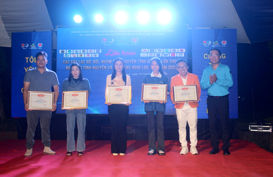 Anh Đỗ Đức Thanh (bìa phải)-Phó Bí thư Tỉnh Đoàn, Chủ tịch Hội LHTN Việt Nam tỉnh tặng bằng khen cho các cá nhân có thành tích trong phong trào Tôi yêu Tổ quốc tôi. Ảnh: P.L Anh Đỗ Đức Thanh (bìa phải)-Phó Bí thư Tỉnh Đoàn, Chủ tịch Hội LHTN Việt Nam tỉnh tặng bằng khen cho các cá nhân có thành tích trong phong trào Tôi yêu Tổ quốc tôi. Ảnh: P.L