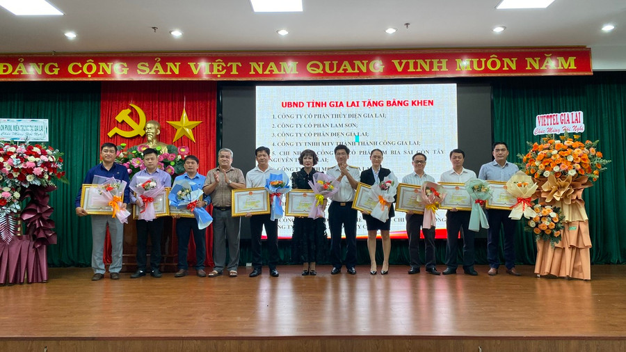 Lãnh đạo Đảng ủy Khối các cơ quan và doanh nghiệp tỉnh và lãnh đạo Cục Thuế tỉnh Gia Lai trao bằng khen của UBND tỉnh cho 10 doanh nghiệp hoàn thành tốt nghĩa vụ thuế năm 2022. Ảnh: Sơn Ca