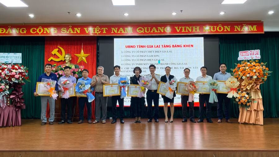 Lãnh đạo Đảng ủy Khối các cơ quan và doanh nghiệp tỉnh và lãnh đạo Cục Thuế tỉnh Gia Lai trao bằng khen của UBND tỉnh cho 10 doanh nghiệp hoàn thành tốt nghĩa vụ thuế năm 2022. Ảnh: Sơn Ca Lãnh đạo Đảng ủy Khối các cơ quan và doanh nghiệp tỉnh và lãnh đạo Cục Thuế tỉnh Gia Lai trao bằng khen của UBND tỉnh cho 10 doanh nghiệp hoàn thành tốt nghĩa vụ thuế năm 2022. Ảnh: Sơn Ca