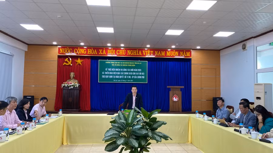 Ông Hoàng Minh Tế-Phó Tổng Giám đốc NHCSXH Việt Nam phát biểu tại buổi làm việc với Ban đại diện HĐQT NHCSXH Chi nhánh tỉnh Gia Lai. Ảnh: Sơn Ca.