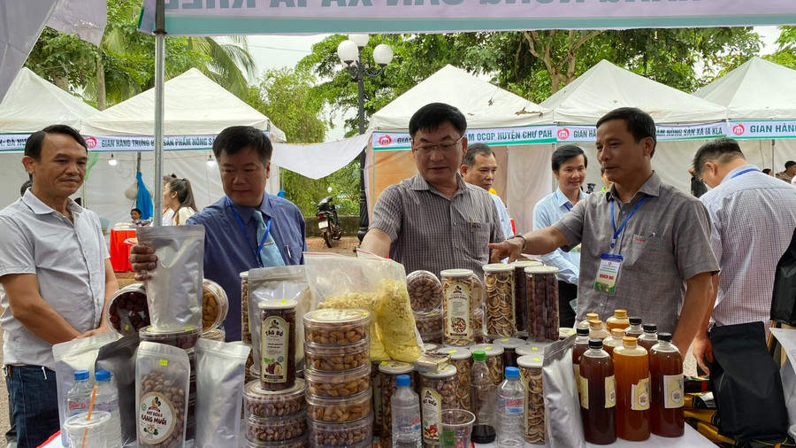 Lãnh đạo UBND huyện Đức Cơ giới thiệu các đại biểu về các sản phẩm nông sản tiêu biểu của địa phương tại chợ phiên. Ảnh: Sơn Ca.