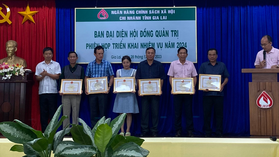 Phó Chủ tịch UBND tỉnh Nguyễn Hữu Quế trao các quyết định khen thưởng cho các cá nhân có thành tích xuất sắc trong hoạt động tín dụng chính sách năm 2023. Ảnh: Sơn Ca.