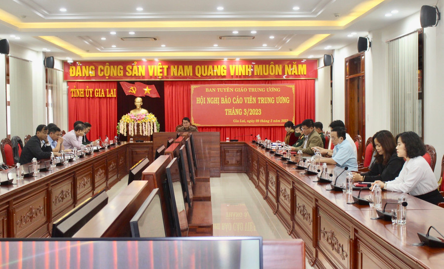 Quang cảnh hội nghị tại điểm cầu Tỉnh ủy Gia Lai. Ảnh: Phan Lài