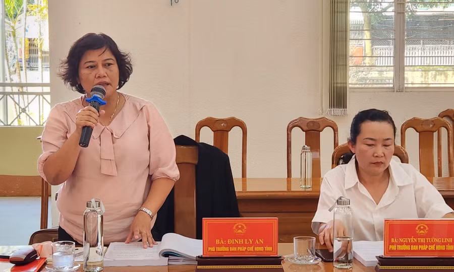 Bà Đinh Ly An-Phó Trưởng ban Pháp chế HĐND tỉnh nêu ý kiến tại buổi làm việc. Ảnh: Ngọc Sang