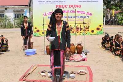 Phục dựng lễ cúng cầu mưa của người Jrai ở buôn Mlah, xã Phú Cần, huyện Krông Pa. Ảnh: Vũ Chi