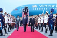 Lễ đón Tổng Bí thư Tô Lâm tại Sân bay quốc tế Bình Nhưỡng. (Ảnh: Thống Nhất/TTXVN)