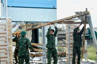 Cán bộ, chiến sĩ Sư đoàn 2 hỗ trợ người dân phường Hoài Nhơn Đông sửa chữa lại nhà ở. 