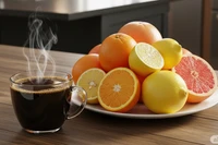 Nên tránh các loại trái cây họ cam quýt khi dùng chung với cà phê. Ảnh: AI