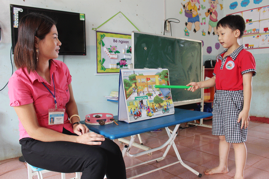 Học sinh Trường Mầm non Hoa Pơ Lang đang tập làm “cô giáo” để hướng dẫn các bạn trong lớp khám phá một bức tranh. Ảnh: N.G