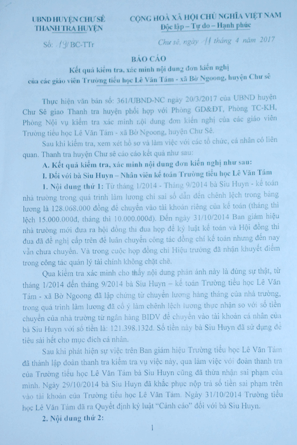 Báo cáo của Thanh tra huyện Chư Sê. Ảnh: N.T