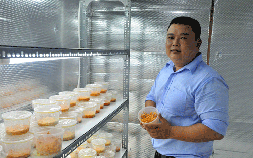 Anh Điền và mô hình trồng nấm của mình. Anh Điền và mô hình trồng nấm của mình.