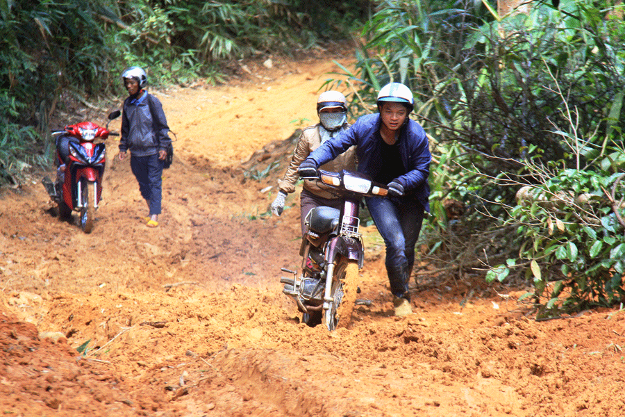 Các thầy-cô giáo phải vượt qua đoạn đường rừng lầy lội để đến với điểm trường Pờ Yầu. Ảnh: N.T Các thầy-cô giáo phải vượt qua đoạn đường rừng lầy lội để đến với điểm trường Pờ Yầu. Ảnh: N.T