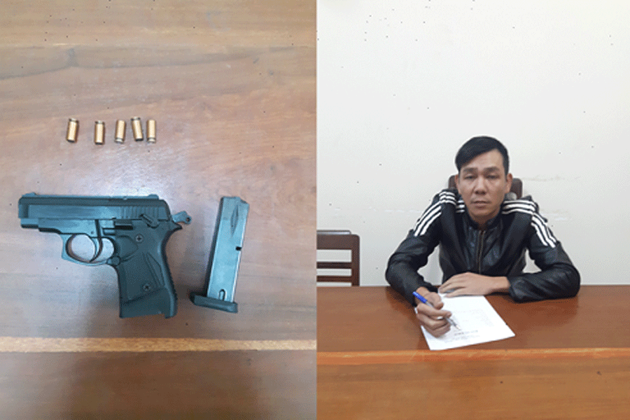 Đối tượng Võ Hoàng Thi và tang vật tại Cơ quan Điều tra. Ảnh: V.V Đối tượng Võ Hoàng Thi và tang vật tại Cơ quan Điều tra. Ảnh: V.V