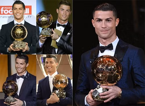 Từ trái sang phải, trên xuống dưới là bốn lần Ronaldo giành giải năm 2008, 2013, 2014, 2016 (ảnh nhỏ) và 2017 (ảnh lớn). Từ trái sang phải, trên xuống dưới là bốn lần Ronaldo giành giải năm 2008, 2013, 2014, 2016 (ảnh nhỏ) và 2017 (ảnh lớn).