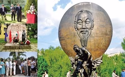 Tượng đài Bác Hồ ở Mátxcơva (ảnh lớn) và Saint Petersburg - Nga, Zalaegerszey - Hungary, Buenos Aires - Argentina (các ảnh nhỏ từ trên xuống dưới).
