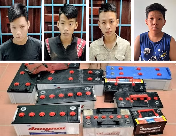 Bốn đối tượng và tang vật. Ảnh: CA cung cấp