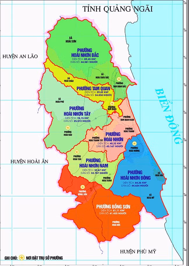 Bản đồ sau khi sắp xếp các đơn vị hành chính cấp xã ở TX Hoài Nhơn với tên gọi mới. Ảnh: ĐVCC