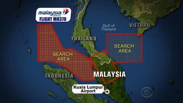Đồ họa mở rộng khu vực tìm kiếm chuyến bay MH370 mất tích sang eo biển Malacca (Nguồn: NBC)