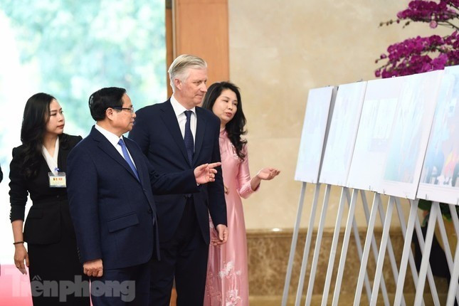 Thủ tướng Chính phủ và Nhà vua Bỉ xem các bức ảnh ghi lại những sự kiện quan trọng trong quan hệ hai nước. (Ảnh: Như Ý)