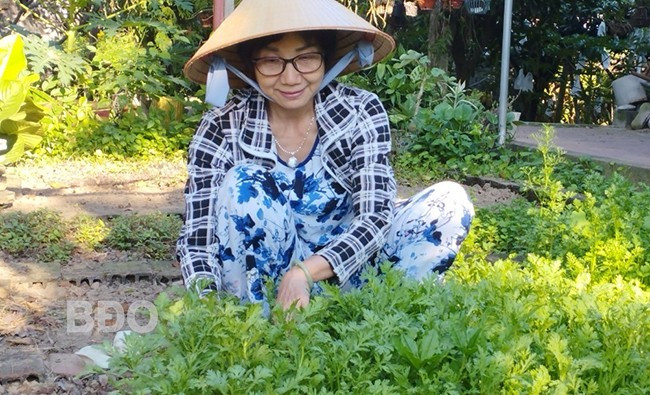 Bà Mạc Thị Ánh Tuyết (xã Nhơn Khánh, TX An Nhơn) bên vườn rau xanh tươi, an toàn nhờ bón phân ủ từ rác hữu cơ. Ảnh: Hội LHPN xã Nhơn Khánh