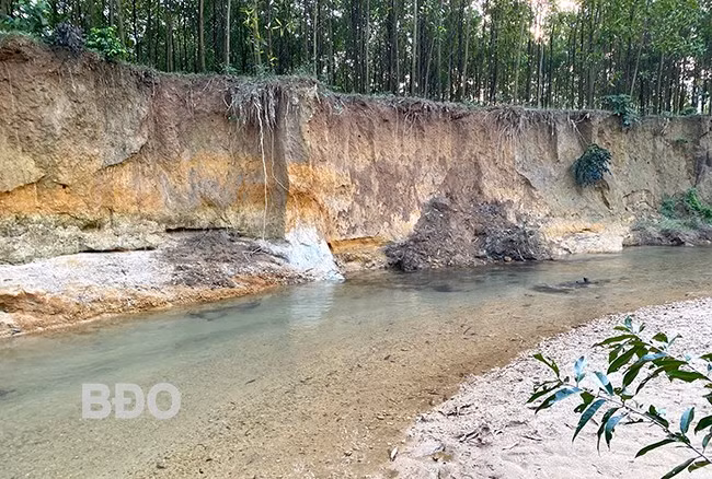 Hoạt động khai thác cát trái phép tại suối Bứa (thôn Long Thành, xã Phước Mỹ, TP Quy Nhơn) là một trong những nguyên nhân khiến bờ suối sạt lở nghiêm trọng. Ảnh: N.C