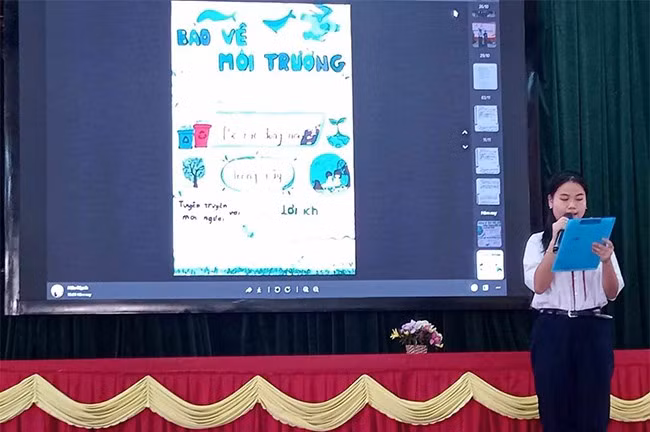 Học sinh Trường THCS Ngô Mây (thị trấn Ngô Mây, huyện Phù Cát) trình bày, chia sẻ ý tưởng, suy nghĩ và hành động thực tế để BVMT, ứng phó BĐKH. Ảnh: M.N
