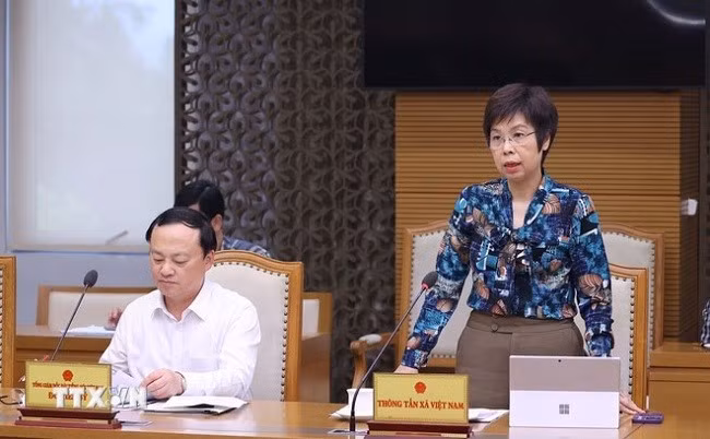 Bà Vũ Việt Trang, Bí thư Đảng ủy, Tổng Giám đốc Thông tấn xã Việt Nam phát biểu. (Ảnh: Văn Điệp/TTXVN)