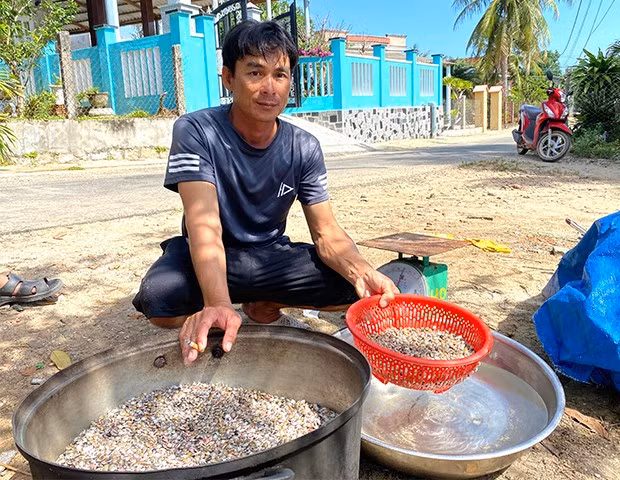 Anh Nguyễn Văn Bảy ở thôn Tân Thành bên số ốc ruốc vừa cào được. Ảnh: B.N