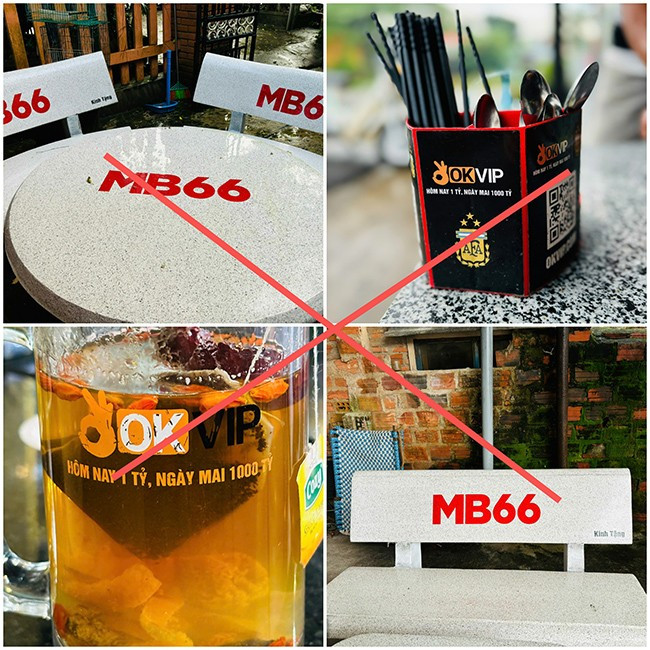 Vật dụng, ghế đá có in logo quảng cáo các trang cờ bạc mà một số đối tượng lạ mặt tặng cho các hàng quán trên địa bàn TX Hoài Nhơn. Ảnh: CA TX Hoài Nhơn