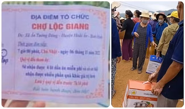 Giấy mời tham dự chương trình “Quà tặng người nội trợ” và người dân tham dự chương trình ở Hoài Ân. Ảnh: Người dân cung cấp