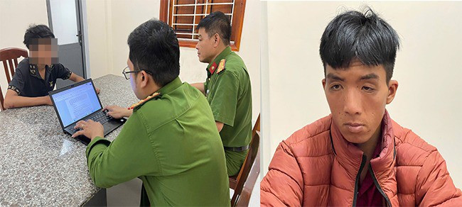 Trần Huy Định (áo đen), Nguyễn Quốc Toàn tại cơ quan CA. Ảnh: TL