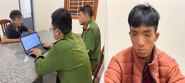 Trần Huy Định (áo đen), Nguyễn Quốc Toàn tại cơ quan CA. Ảnh: TL