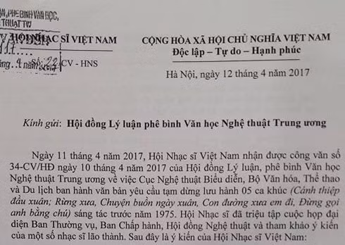 Công văn của Hội Nhạc sĩ Việt Nam gửi Hội đồng Lý luận phê bình Văn học Nghệ thuật Trung ương. Công văn của Hội Nhạc sĩ Việt Nam gửi Hội đồng Lý luận phê bình Văn học Nghệ thuật Trung ương.