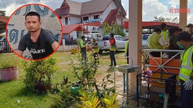 Cảnh sát tại hiện trường vụ xả súng ở nhà trẻ huyện Na Klang, tỉnh Nong Bua Lamphu, miền bắc Thái Lan ngày 6.10 và nghi phạm Panya Khamrap (khoanh đỏ). Ảnh: Khaosod.