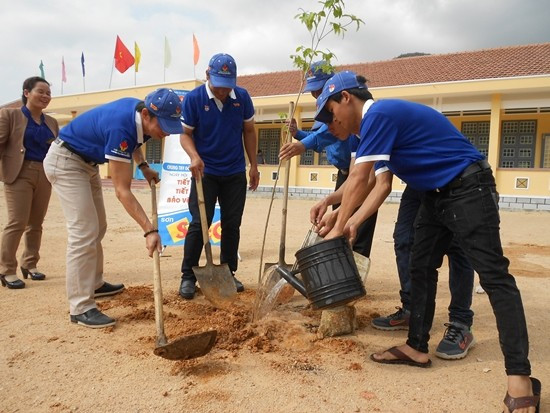 ĐVTN trồng cây xanh tại Trường tiểu học Âu Cơ (phường Bùi Thị Xuân).