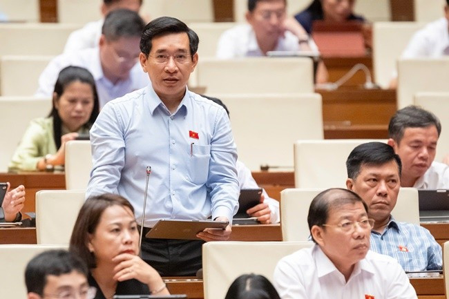 ĐB Nguyễn Văn Cảnh đề xuất nên sử dụng tiếng Việt và tiếng Anh trong Trung tâm Tài chính quốc tế tại Việt Nam. Ảnh: Đoàn ĐBQH tỉnh