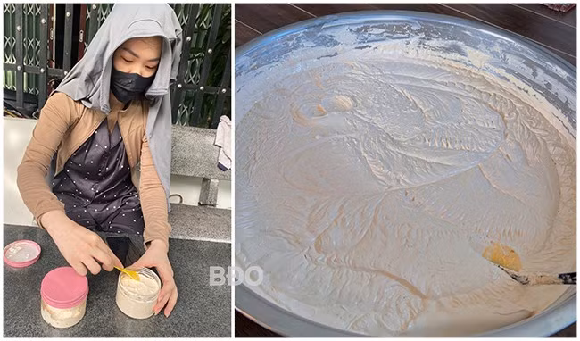 Mỹ phẩm phối trộn trong thau được chị T.T.T.H. (phường Nhơn Bình, TP Quy Nhơn) gắn nhãn “Kem dưỡng trắng da cao cấp”. Ảnh: N.C