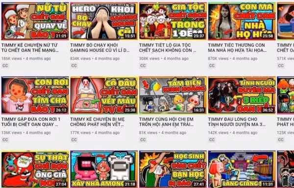 Kênh YouTube TIMMY TV với nhiều nội dung độc hại với trẻ em. (Ảnh: PV/Vietnam+) Kênh YouTube TIMMY TV với nhiều nội dung độc hại với trẻ em. (Ảnh: PV/Vietnam+)